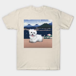 Cute Shih Tzu Maltese Dog Puppy at Japanese Mounts of Fuji T-Shirt